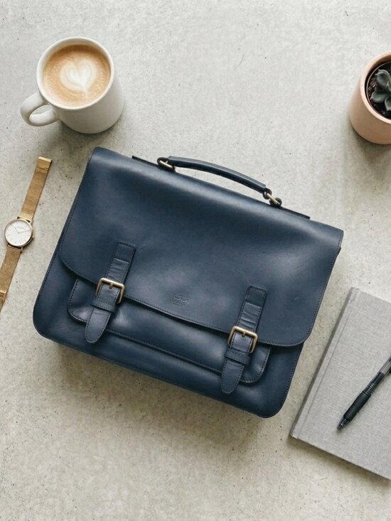 Luccica Handbags - Luccica Navy Blue Leather Satchel Shoulder Bag Briefcase Minimalist Korean Desig